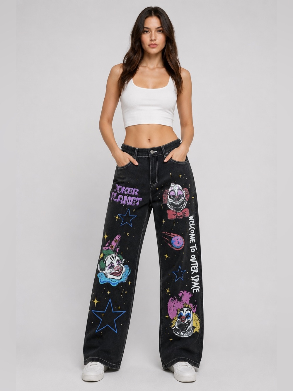Romwe Jeans Large 8/10 Joker Graphic Punk Clown Planet Distressed Streetwear Y2K